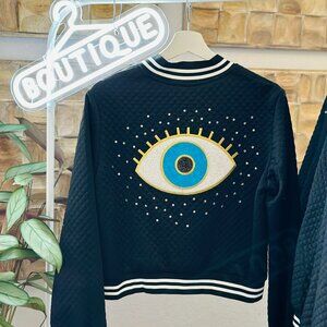 Evil Eye Sequin Jeweled Black Quilted Bomber Jacket Applique